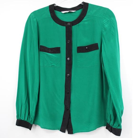 Trina Turk Silk Shirt‎ Womens Colorblock Button Down Collar Shirt Green Size M - Picture 1 of 9